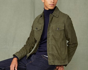 Men's Olive Green Suede Jacket | Handmade Military Style Leather Trucker Shacket Outerwear For Men