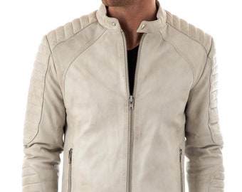 Handmade Lambskin Leather Biker Jacket - Off White Motorcycle Jacket