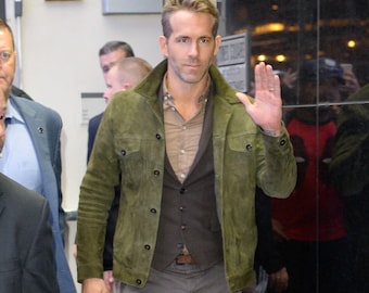Chaqueta estilo camionero de ante verde oliva de Ryan Reynolds para hombre / Chaqueta de abrigo de famosos hecha a mano