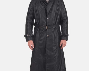 Men's Black Leather Trench Coat Duster Long Full-Length Overcoat Genuine Lambskin Duster Jacket