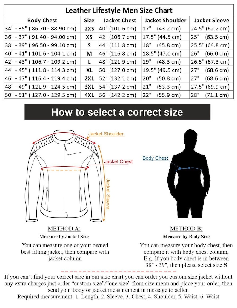 A sizing chart for men's leather and suede lifestyle jackets detailing chest, shoulder, and sleeve measurements with measurement instructions.