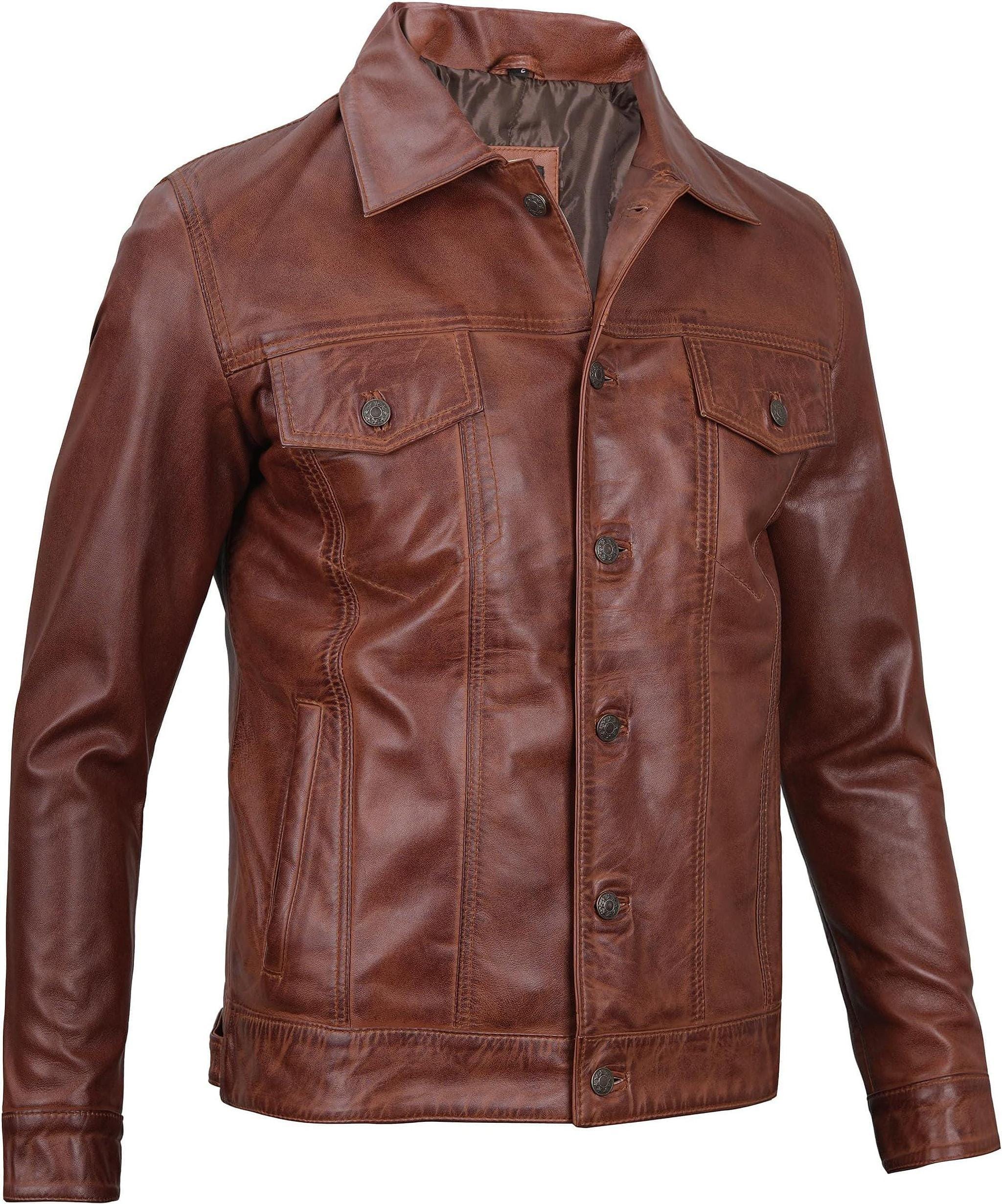 Mens Leather Trucker Jacket, Brown Lambskin Coat With Satin Lining