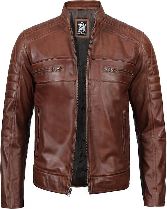 Brown Lambskin Leather Cafe Racer Jacket - Men's Motorcycle Jacket