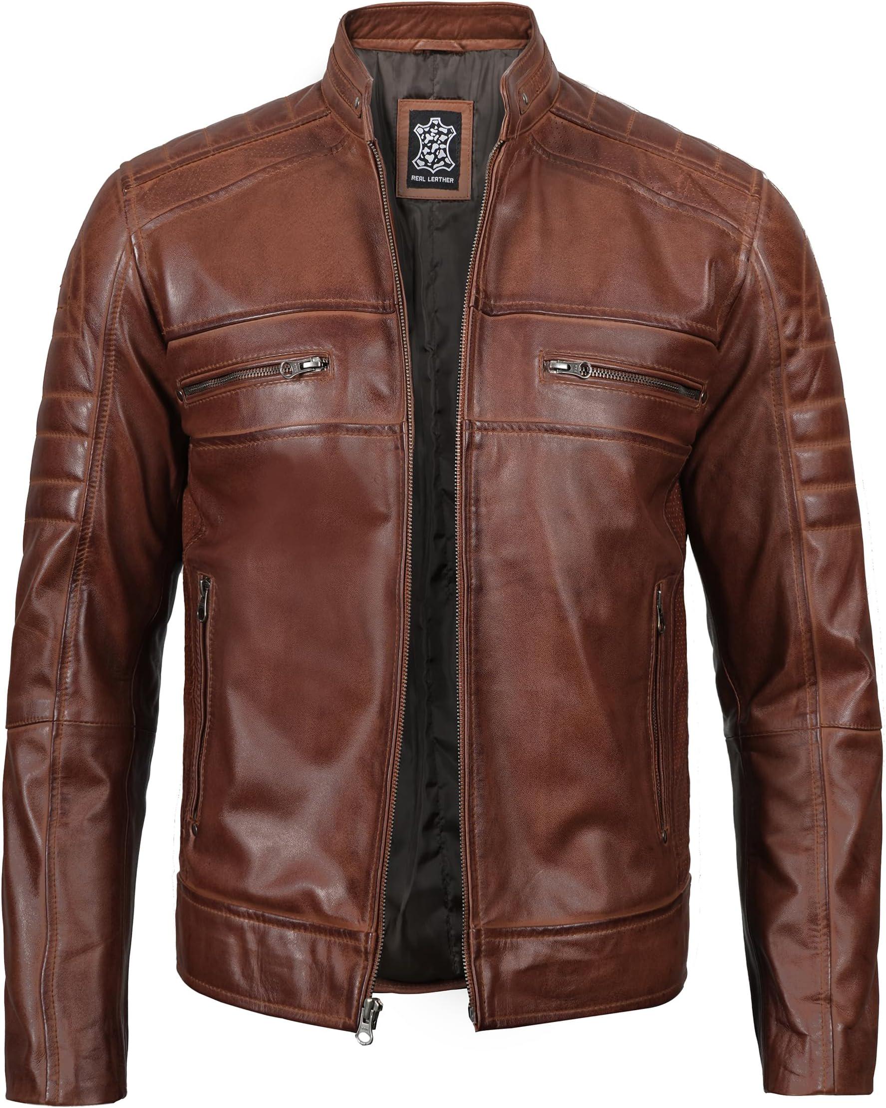 Brown Lambskin Leather Cafe Racer Jacket - Men's Motorcycle Jacket