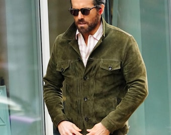 Men's Olive Green Goat Suede Leather Trucker Jacket | Celebrity Style Inspired Casual Outerwear