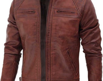 Mens Leather Jacket, Distressed Brown Lambskin Biker Style with Quilted Shoulders