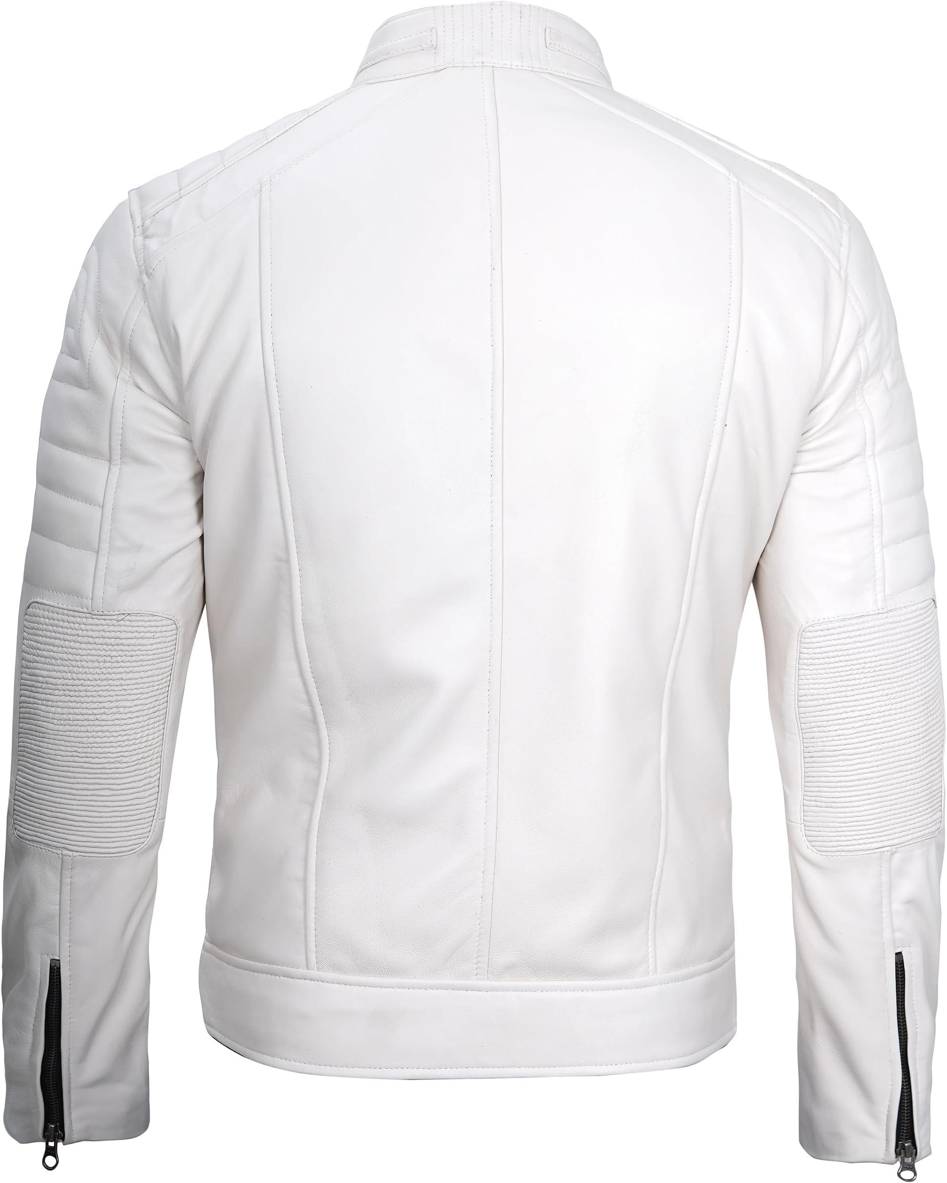Men's White Genuine Lambskin Leather Jacket - Quilted Cafe Racer