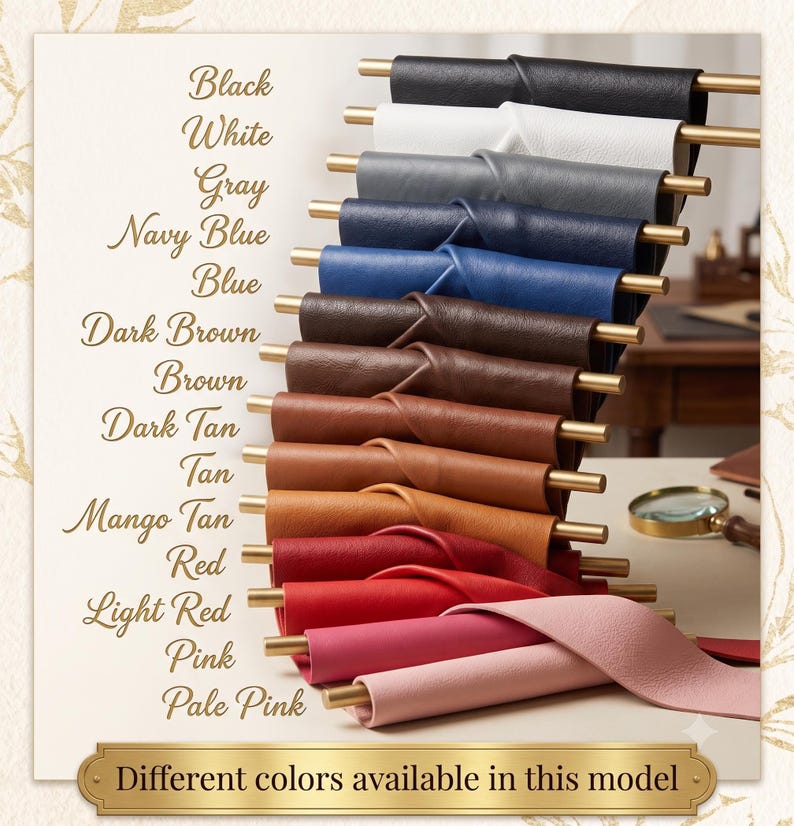 A stacked display of various leather color swatches with text listing color names from black to pale pink.