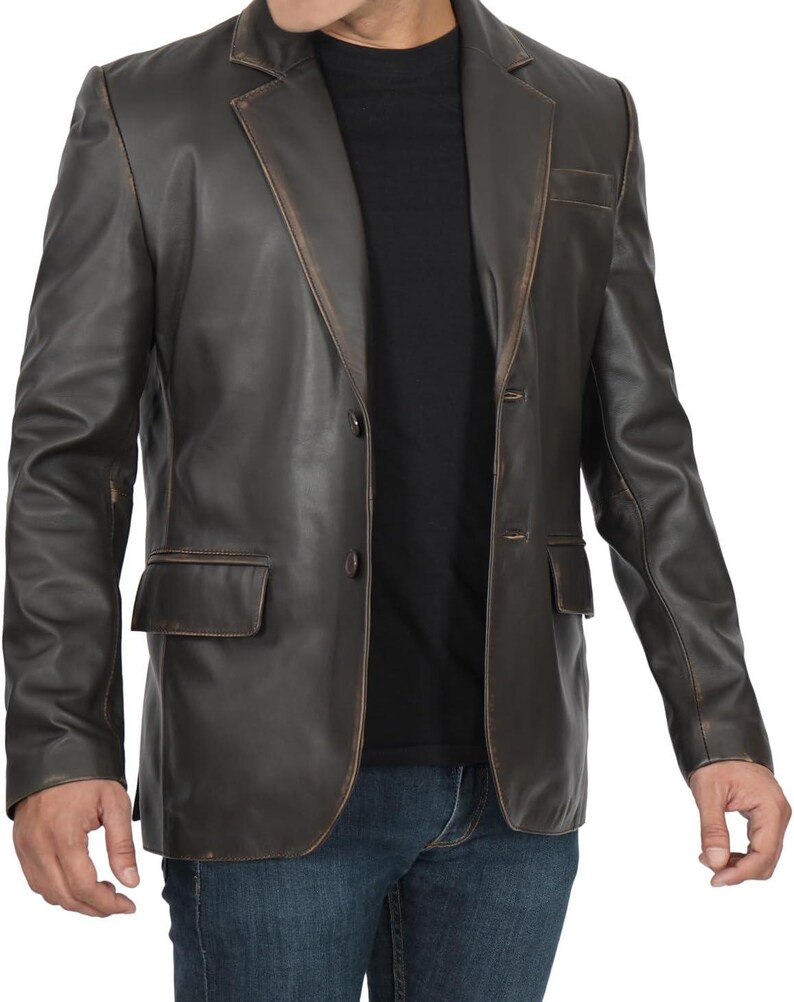 May include: A brown leather blazer with a distressed look. The blazer has a two-button closure and two front pockets.
