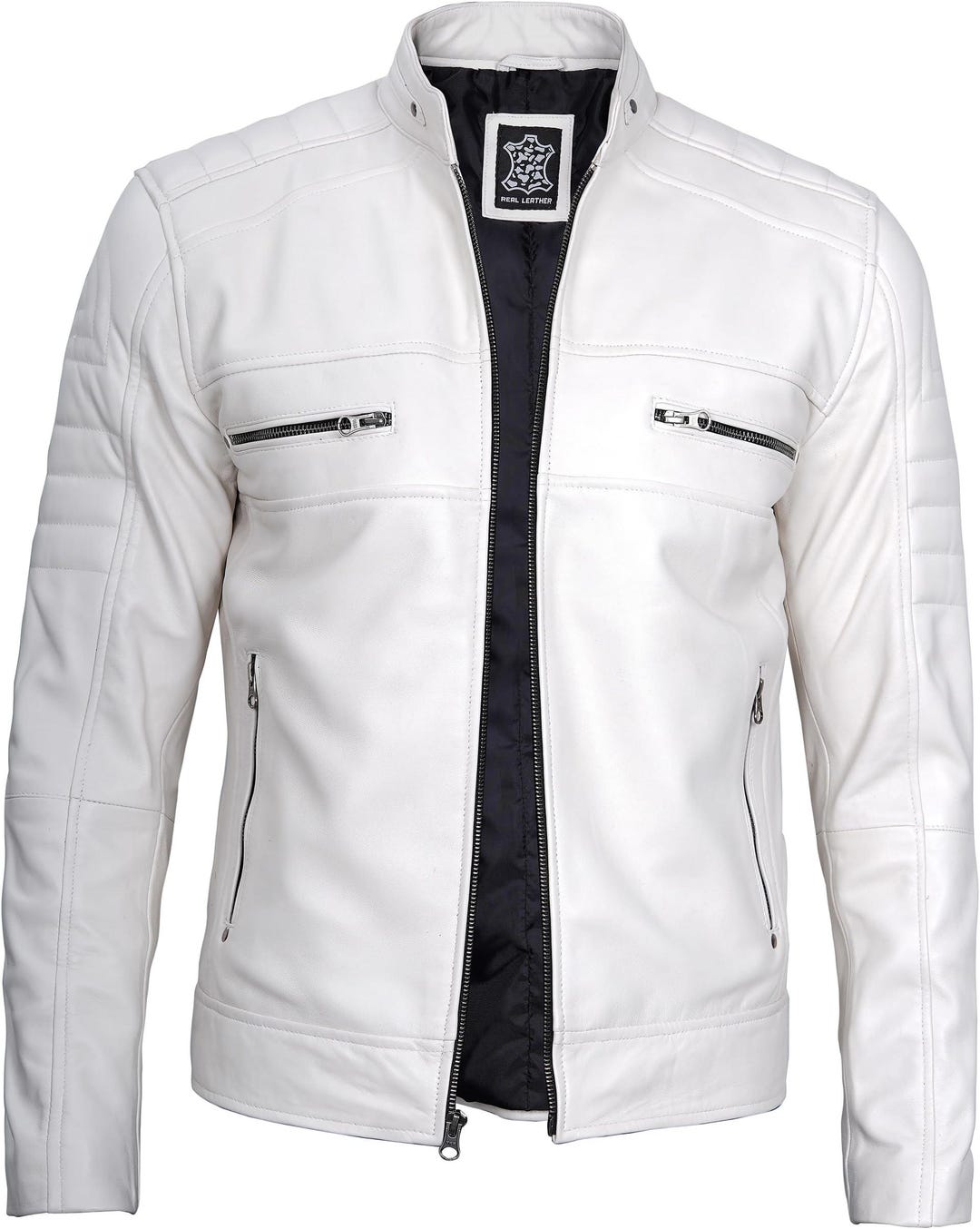 Men's White Genuine Lambskin Leather Jacket - Quilted Cafe Racer