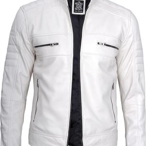 Cafe Racer White Leather Jacket Men - Real Lambskin Natural Grain Leather Motorcycle Jackets For Men's