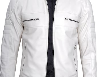 Men's White Genuine Lambskin Leather Jacket - Quilted Cafe Racer