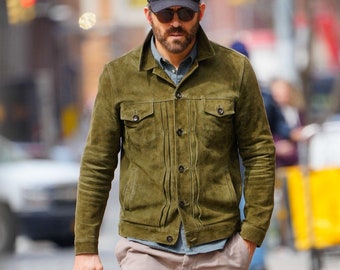 Ryan Reynolds Trendy Handmade Green Stylish Suede Leather Trucker Jacket for Men Premium Quality Stylish Leather jacket With Low Price