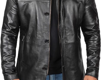 Lambskin Leather Car Coat: 3/4 Length Black Jacket