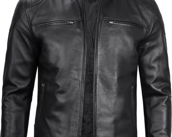 メンズ ブラックレザー バイカージャケット - ダイヤモンド