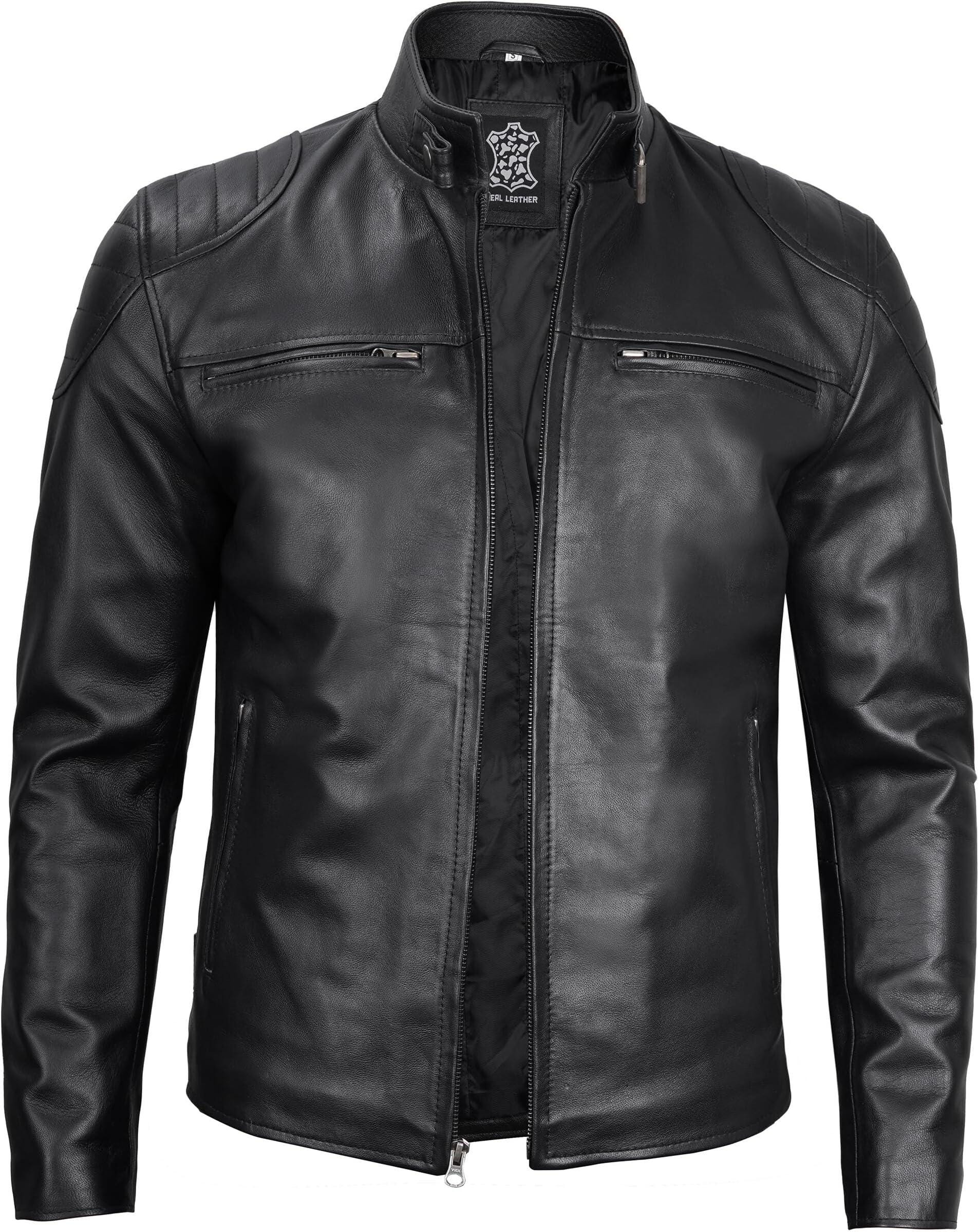Men's Black Real Leather Jacket. Genuine Biker Motorcycle Cafe
