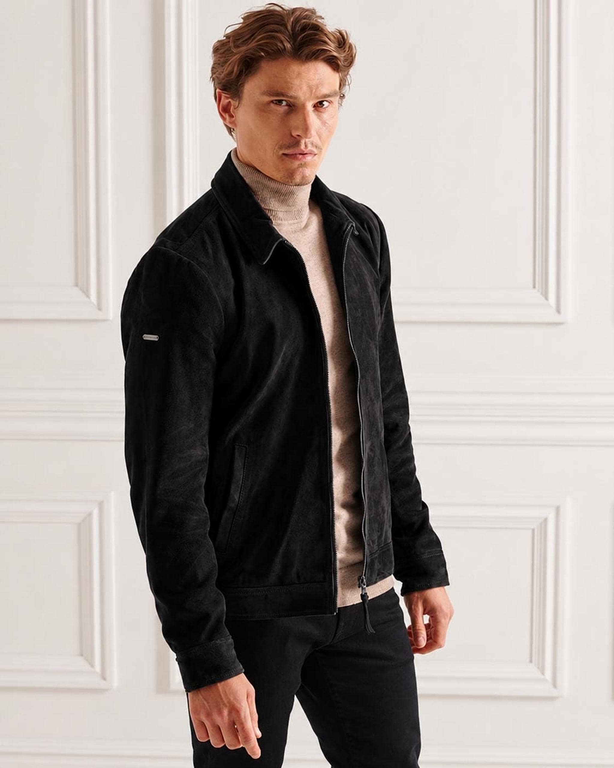 Brown Suede Jacket, Genuine Goatskin Harrington Style with Satin