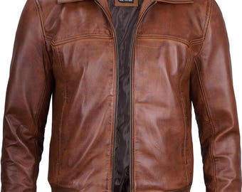 Men's Brown Leather Bomber Jacket, Handmade Vintage Distressed Genuine Leather Flight Outerwear