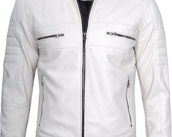 Men's White Genuine Lambskin Leather Jacket - Quilted Cafe Racer