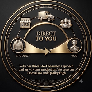 Infographic showing a direct-to-consumer workflow with gold icons and text on a black leather background.