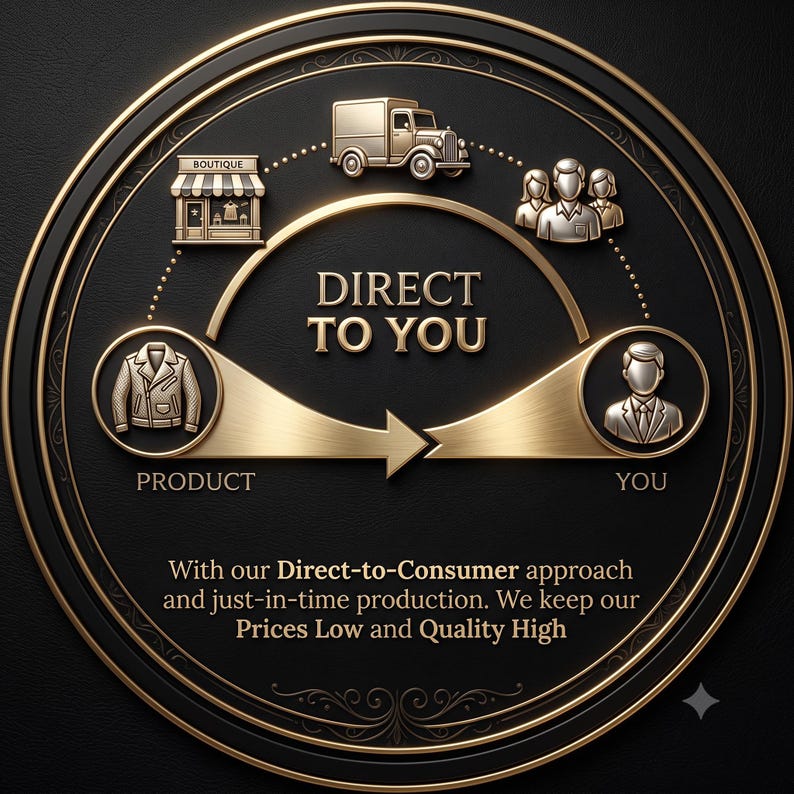 Infographic showing a direct-to-consumer workflow with gold icons and text on a black leather background.