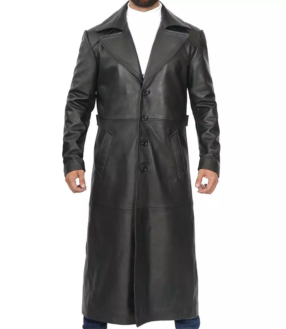 Mens Leather Duster Coat Full-length Overcoat Single-breasted