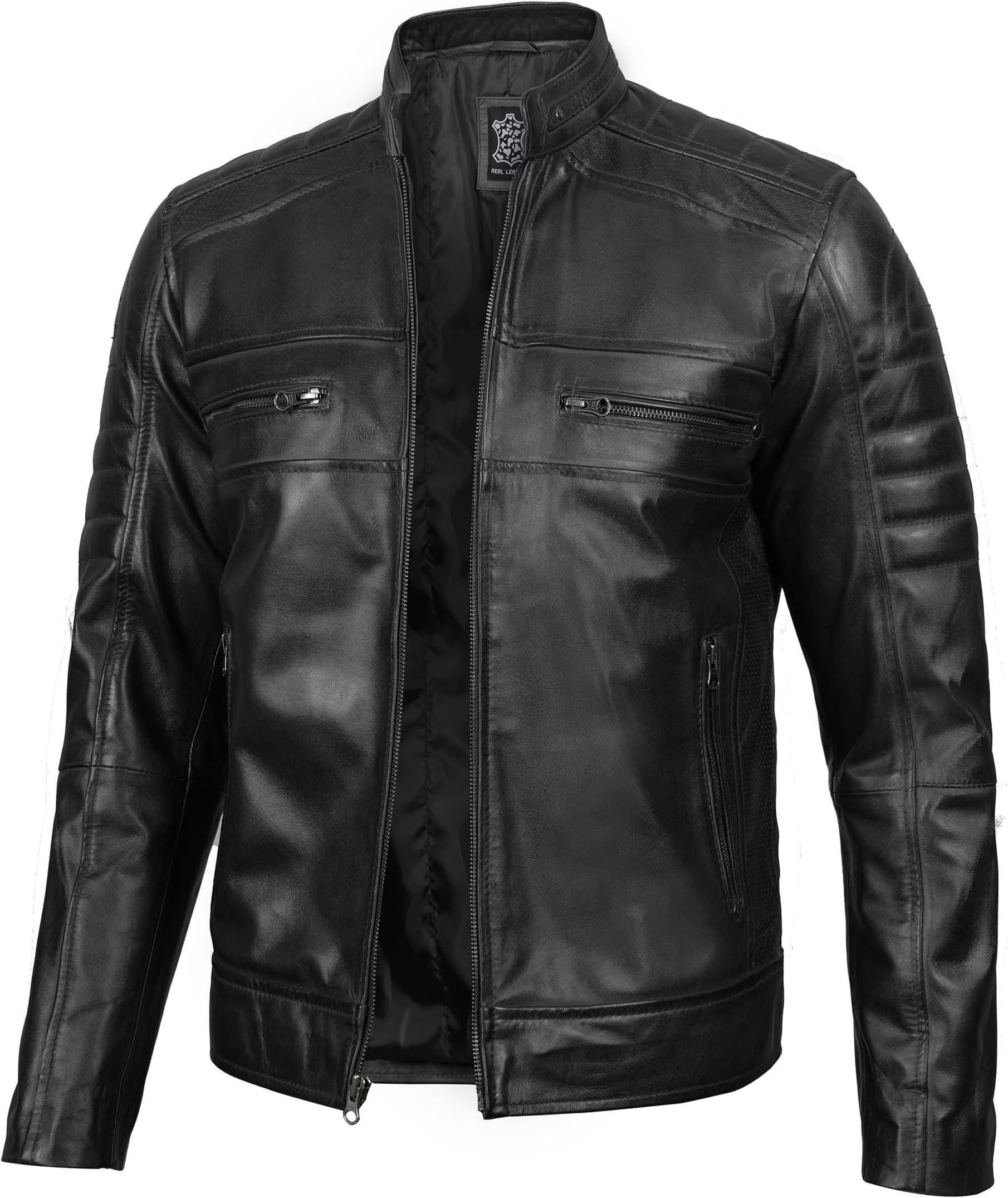 Giacca Moto Uomo In Vera Pelle Morbida Nappa - Stile Cafe Racer Milton - 100% Pelle Di Pecora