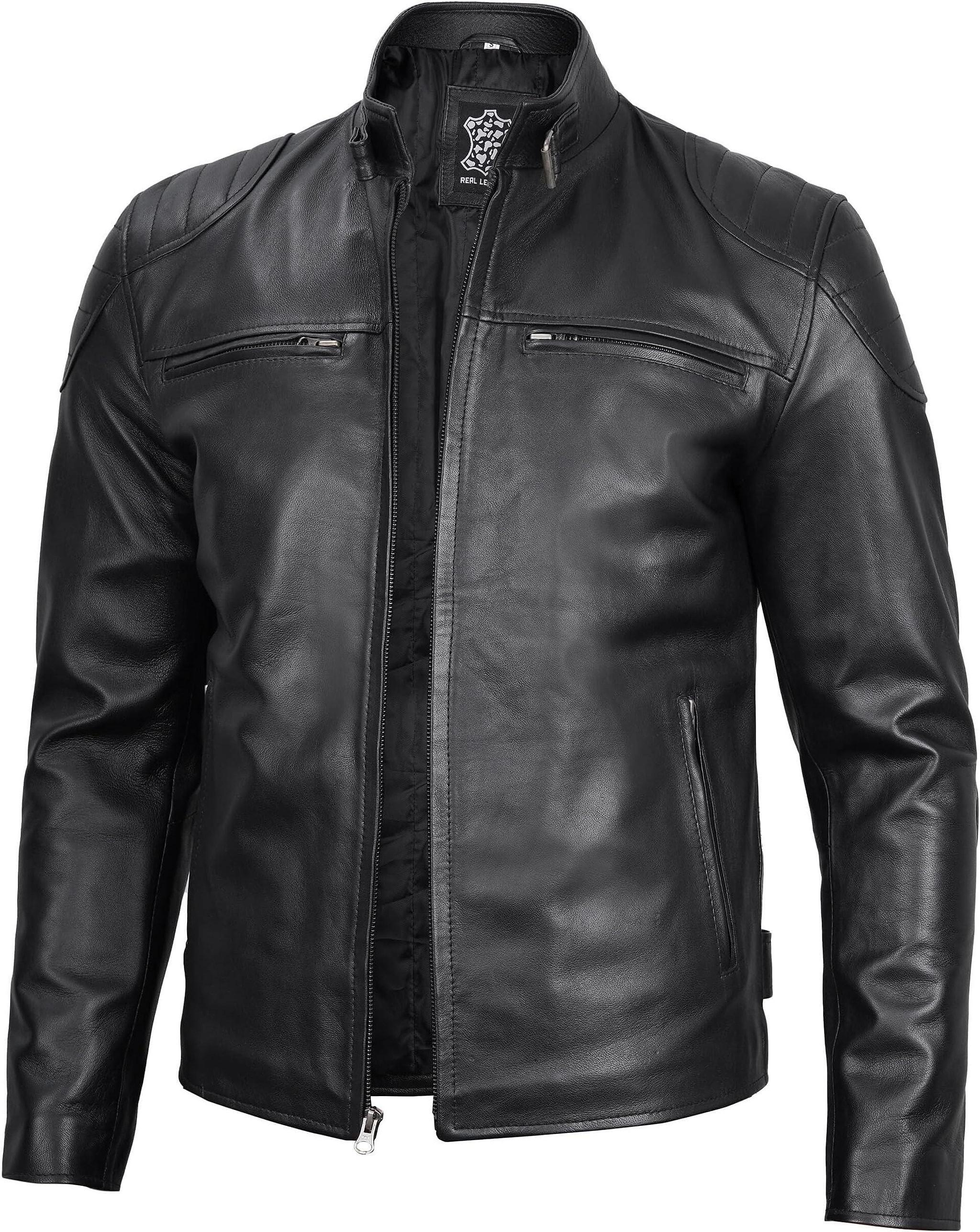 Men's Leather Jacket in Black Lambskin, Quilted Shoulders and