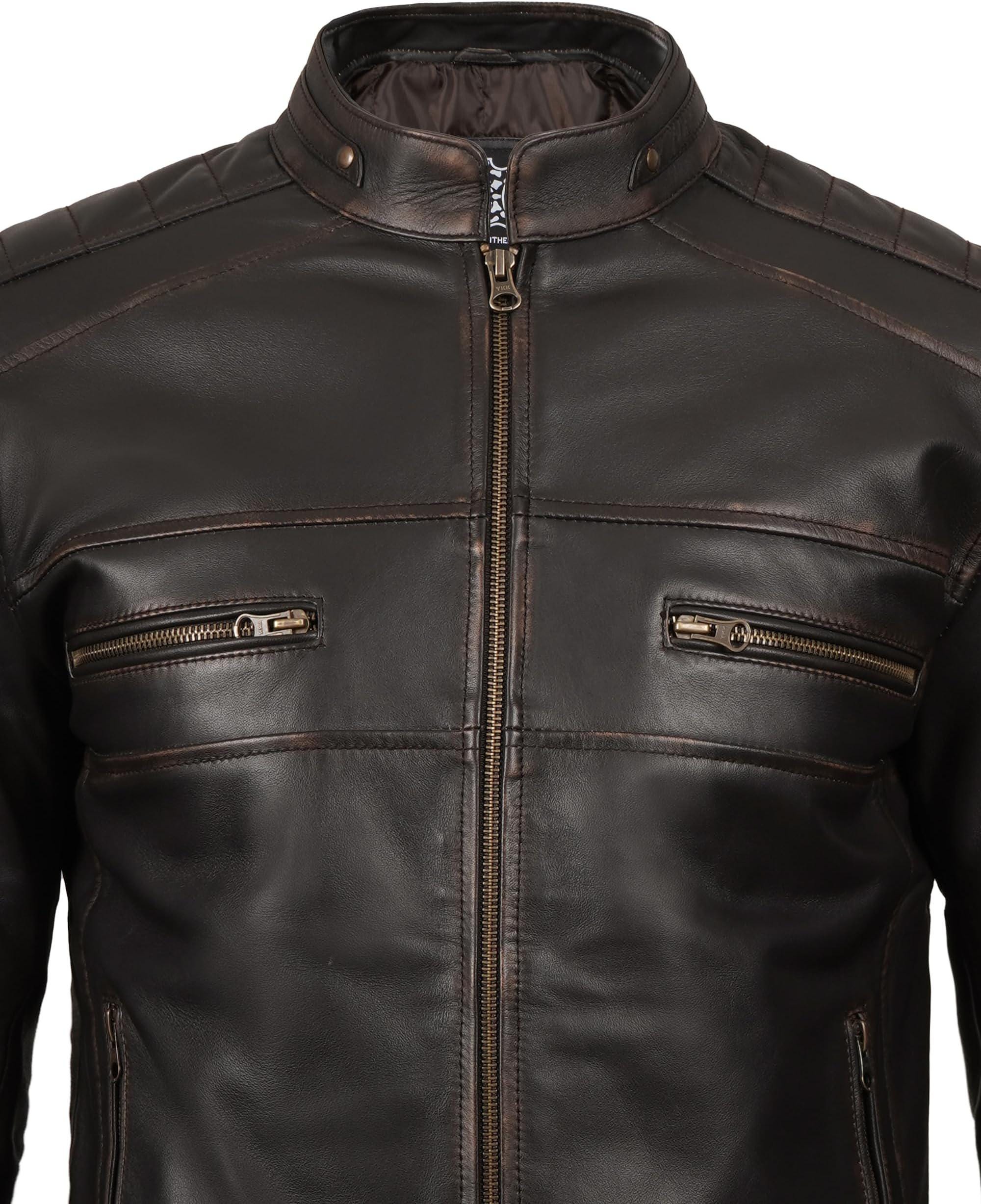 Giacca Biker Effetto Invecchiato Giacca Cafe Racer In Vera Pelle Marrone Per Uomo - Stile Biker Vintage, Effetto Invecchiato Giacca Vintage