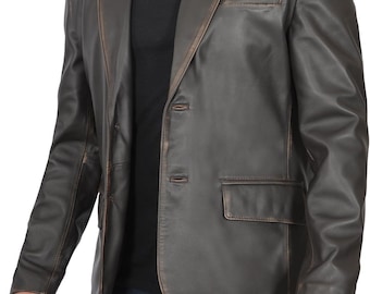 Men's Distressed Brown Real Leather 2-Button Blazer | Vintage Genuine Leather Sport Coat for Men
