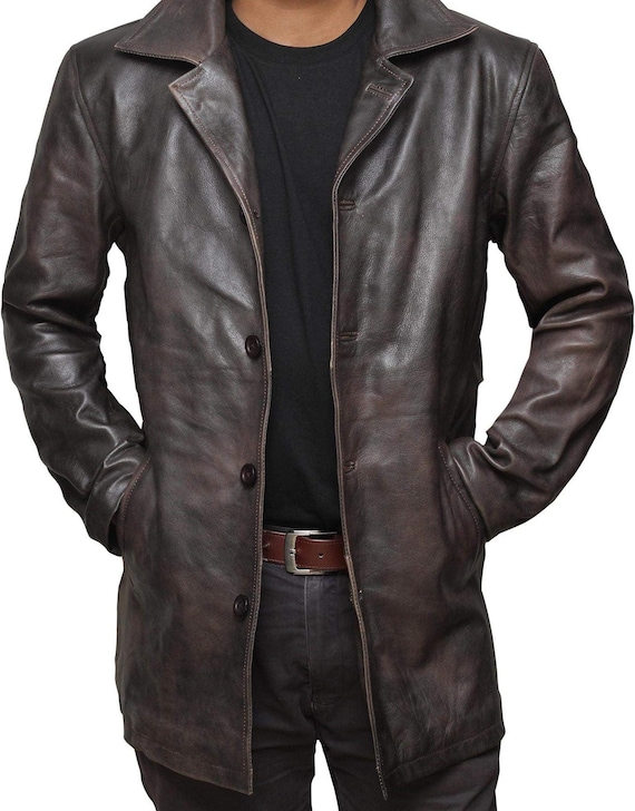 Leather Car Coat, Distressed Brown Lambskin Mens Long Jacket With