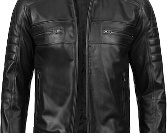 Leather Jacket Men, Black Lambskin with Satin Lining and Zip Pockets