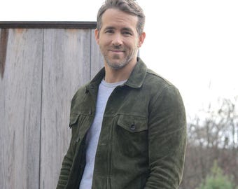 Green Suede Jacket, Olive Leather Trucker with Button Front and Satin Lining