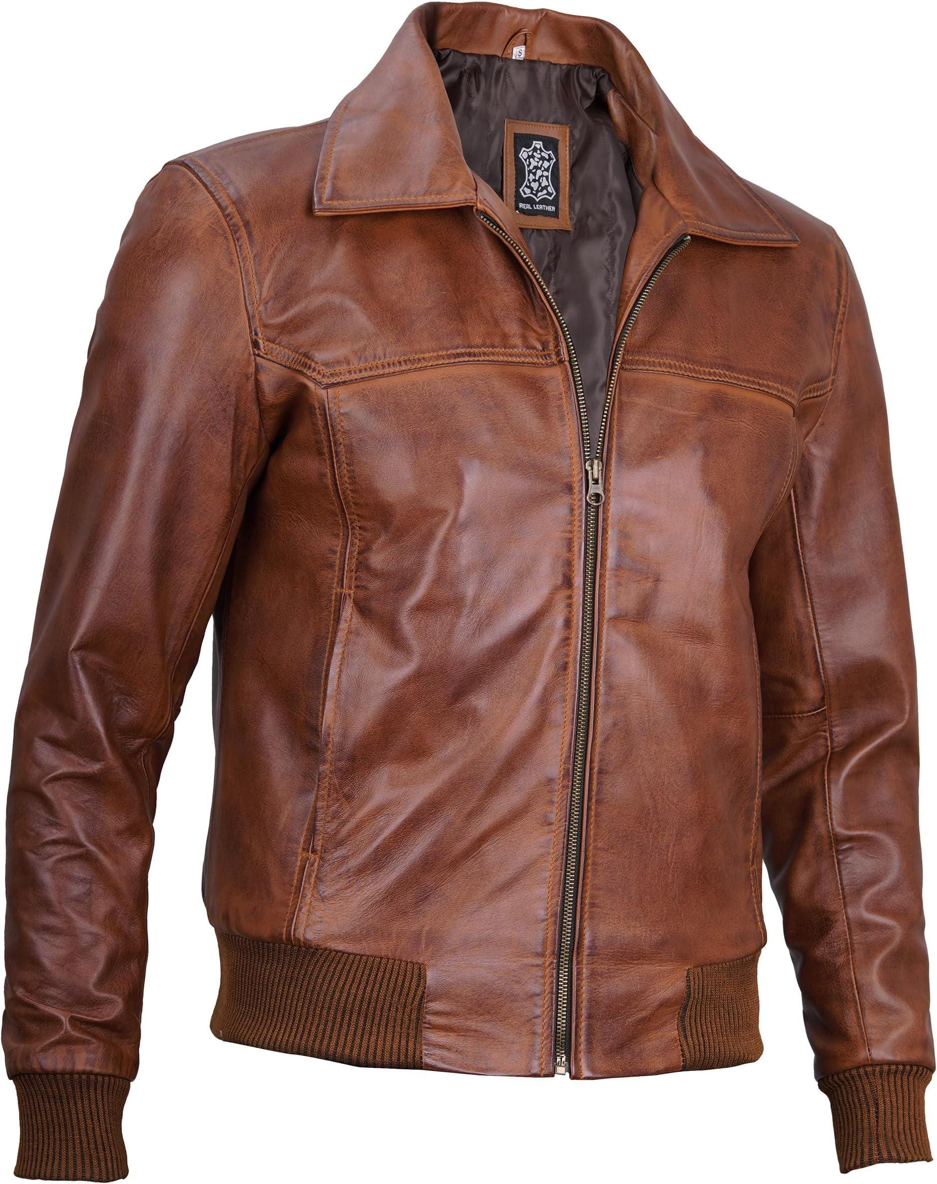 Bomber Brown Leather Jacket Men Real Lambskin Stylish Leather