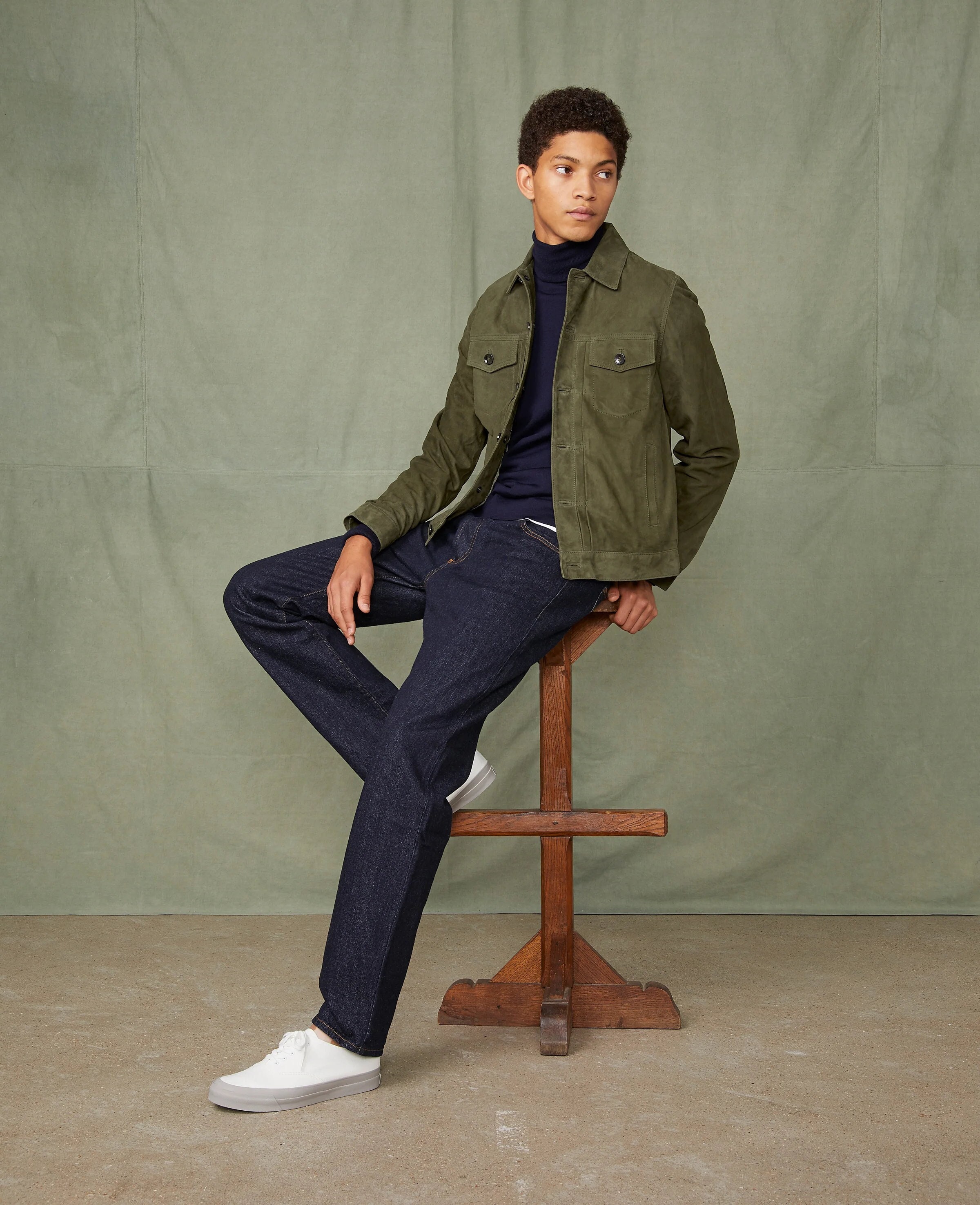 Men's Olive Green Suede Jacket | Handmade Military Style Leather
