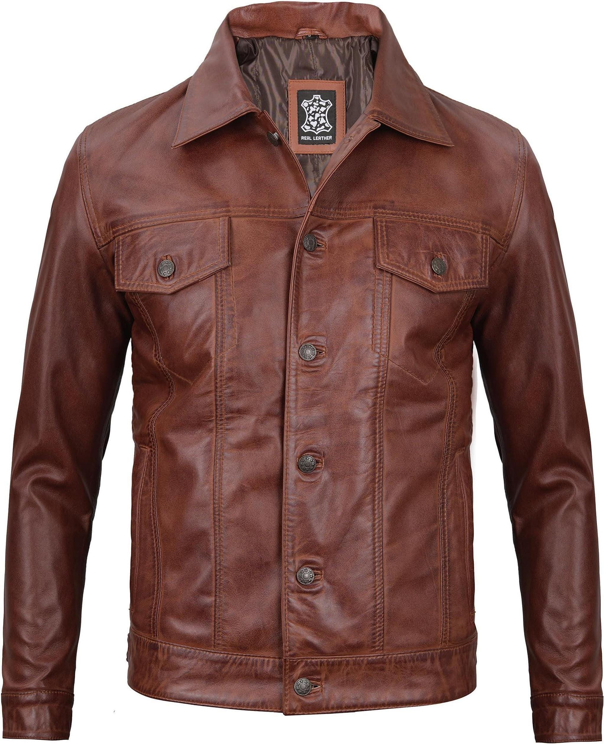 Mens Leather Trucker Jacket, Brown Lambskin Coat With Satin Lining