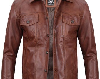 Men's Vintage Brown Leather Trucker Jacket | Distressed Genuine Leather Coat Outerwear for Men.