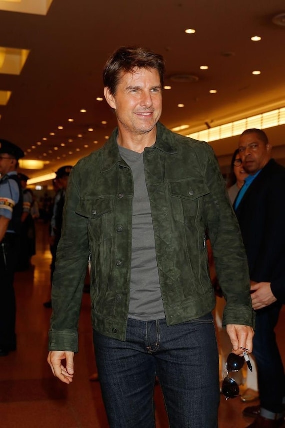 Men's Suede Jacket, Dark Olive Green Leather Trucker with Satin Linen Lining