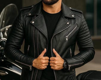 Mens Biker Jacket, Black Genuine Leather Double Rider with Quilted Panels