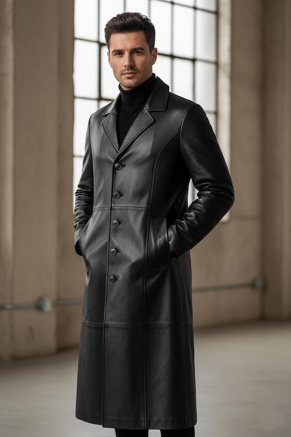 leather men s dress coats Mens Trench, Black Lambskin Full-Length Coat with Classic Lapel MTO Sale Aug 25 30
