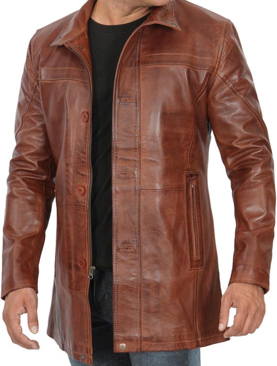 Distressed Brown Lambskin Leather Car Coat - Men's Long Trench