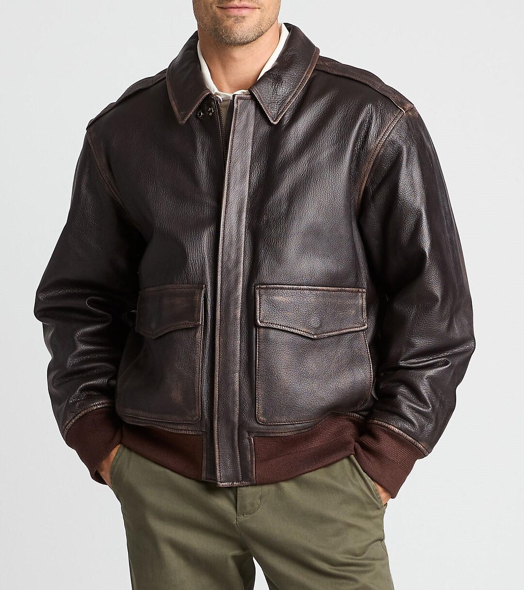 Men's Classic A-2 Aviator Flight Bomber Jacket Real Brown Lamskin