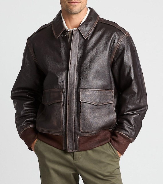 Men's Classic A-2 Aviator Flight Bomber Jacket Real Brown Lamskin