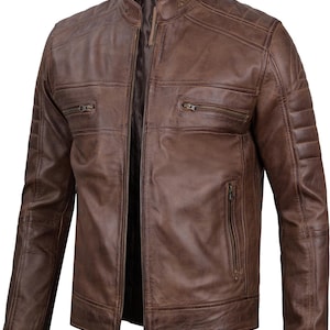 Cafe Racer Brown Leather Jacket Men - Real Lambskin Natural Grain Leather Motorcycle Jackets For Men's
