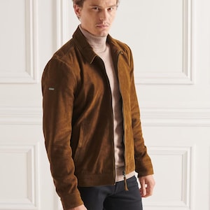 Brown Suede Jacket, Genuine Goatskin Harrington Style with Satin Linen Lining