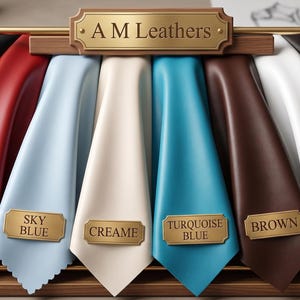 Leather color swatches draped over a brass rack with gold labels reading black, red, sky blue, creame, turquoise blue, brown, white, and dark brown.
