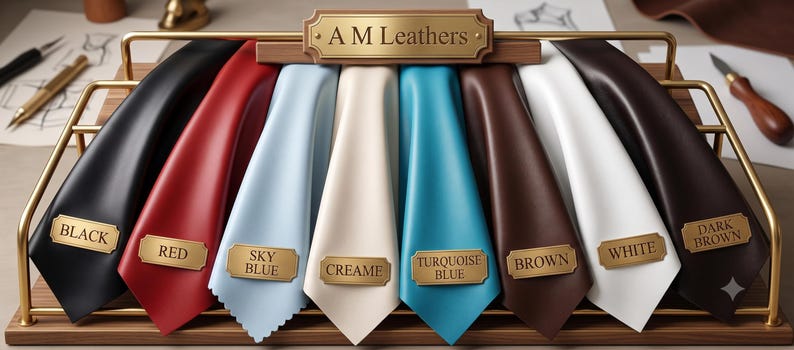 Leather color swatches draped over a brass rack with gold labels reading black, red, sky blue, creame, turquoise blue, brown, white, and dark brown.