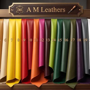 Numbered leather color swatches hanging on a rack ranging from 1 to 24 in a variety of shades.