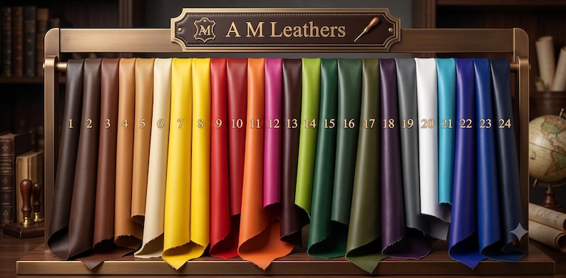 Numbered leather color swatches hanging on a rack ranging from 1 to 24 in a variety of shades.