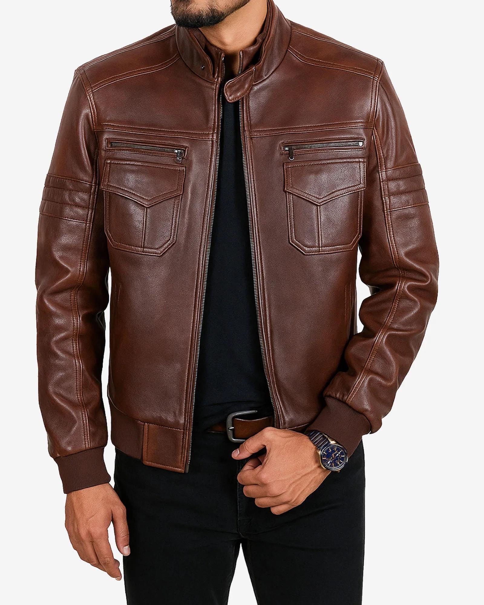 Men's Genuine Leather Bomber Jacket – Classic Vintage Style, Zip